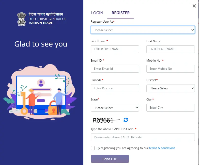 DGFT portal registration step 2 - login option