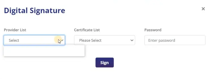 DGFT DSC - select provider, certificate list and enter password